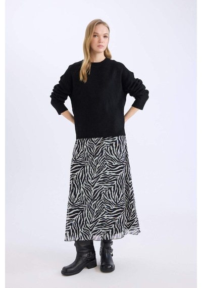 DeFacto Flare Fit Zebra Desenli Yüksek Bel Tül Maxi Etek E3974AX25SPBK81 Siyah