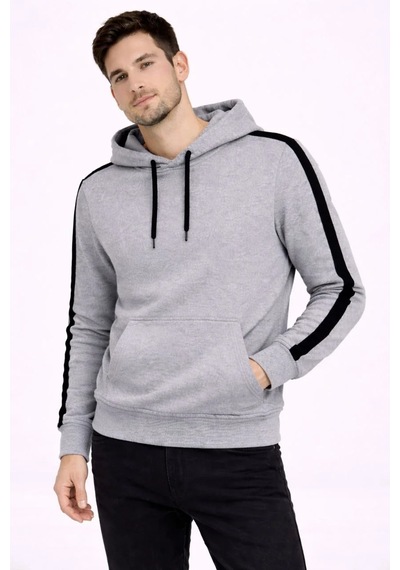 Assema Erkek Şeritli Kapüşonlu Sweatshirt Oversize 3 İplik Pamuklu - Gri Çok Renkli