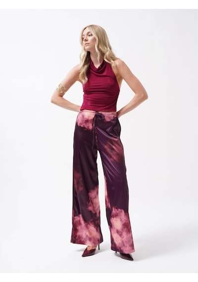Defymoda Bel Lastikli Desenli Saten Pantolon Bordo