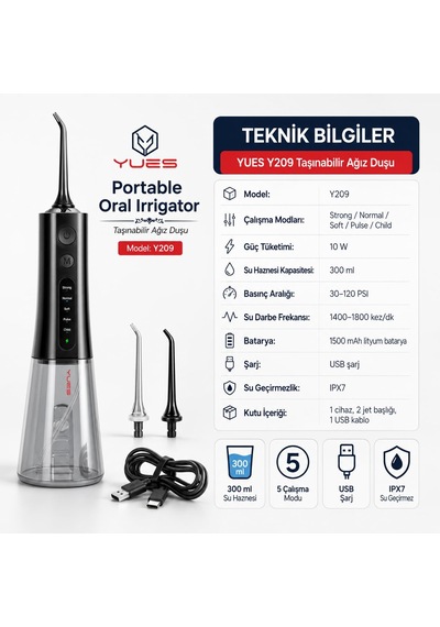 Yues Y209 Taşınabilir Ağız Duşu, Şarjlı Oral Irrigator, 300 Ml Su