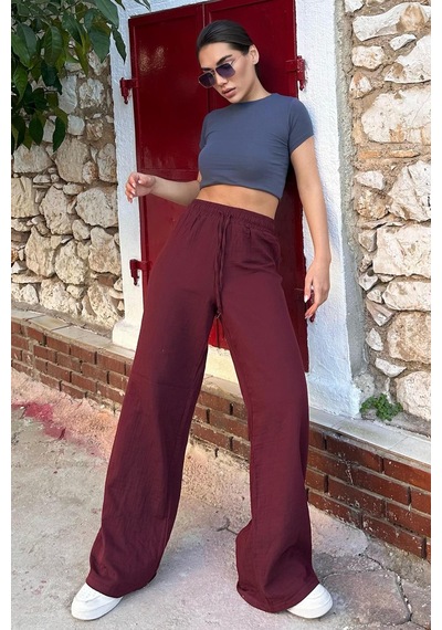 Madmext Bordo Bol Paça Müslin Kadın Pantolon Mg1980 Bordo