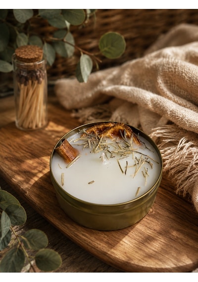 Niyet Temalı 3 Lü El Yapımı Aromatik Mum Seti Nazar, Bereket & Huzur Gold Teneke Hediyelik Mum 001 - Beyaz