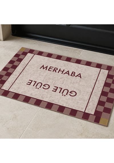 Kartela Halı Merhaba Güle Güle Damalı Kapı Paspası Bordo Kaymaz Kauçuk Taban Yıkanabilir 40x60 Cm