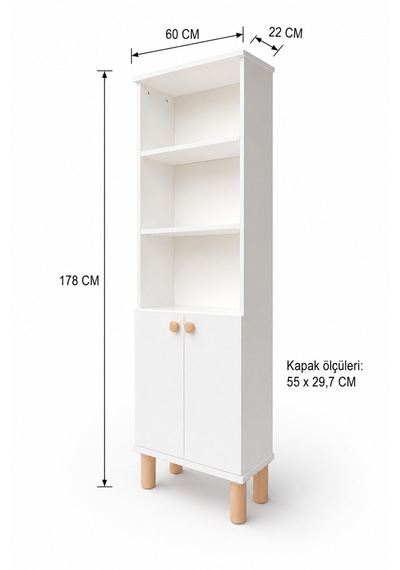 2 Kapaklı Kitaplık, Raflı, Şık Tasarım Beyaz