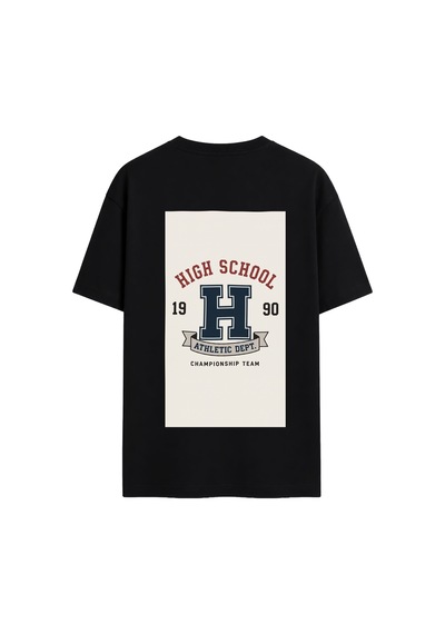 Black Nova Oversize Baskılı Unisex Tişört High School 90 Black Siyah