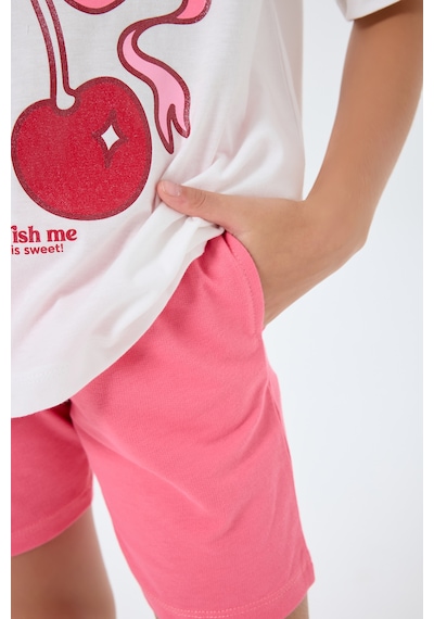 Rolypoly 3799 %100 Pamuk Kız Çocuk Kısa Kol Cepli Şort Pijama Takımı Beyaz