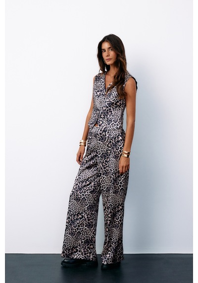 Sateen Leopar Desenli Saten Pantolon - Gri-135185 Gri