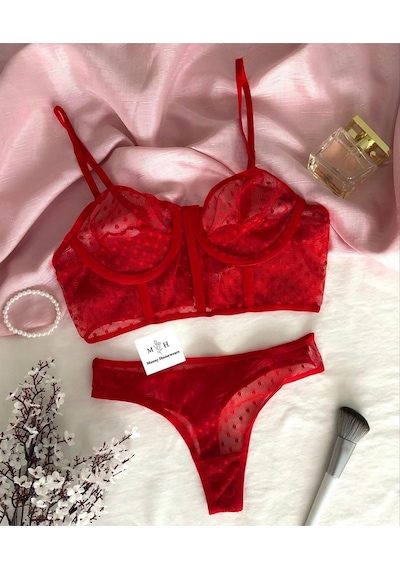 Mh Moony Homewears Premium Kırmızı Yarım Korse Bralet Takımı Kırmızı