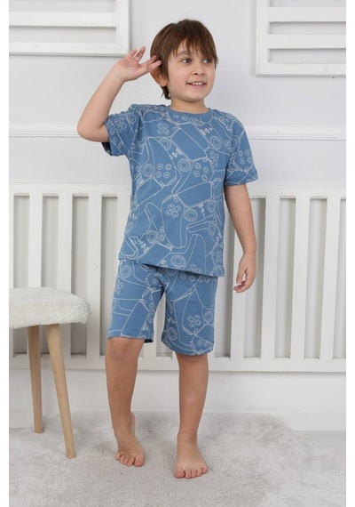 Bunny Hopp Şortlu Erkek Çocuk Pijama Takımı %100 Pamuk Desenli Yazlık 3-8 Yaş Mavi