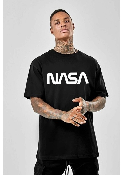 Medinenur Unisex Nasa Baskılı Siyah Tshirt Siyah