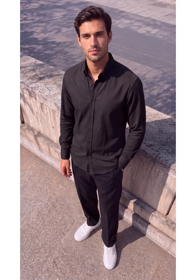 Butik İstanbul Erkek Standart Kesim Gabardin Kumaş Uzun Kollu Gömlek Siyah