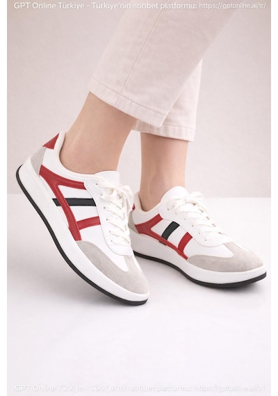 Unisex Günlük Spor Ayakkabı Bağcıklı Şerit Detaylı Sneaker Beyaz - Kırmızı