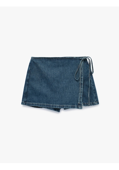 Koton Rahat Kalıp Bağlama Detaylı Pamuklu Mini Denim Şort Etek Koyu İndigo 6sal40315md