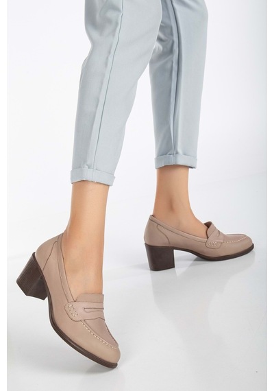 Analin Shoes Kadın Hakiki Deri Saraçlı Klasik Topuklu Ayakkabı Taş