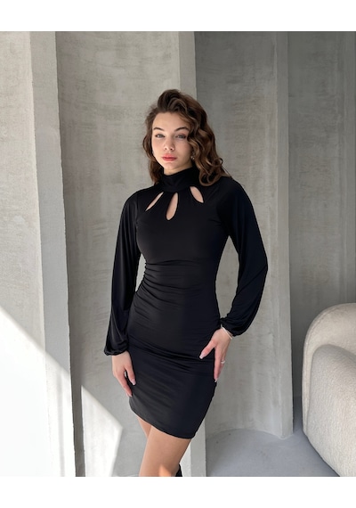 Nido Moda Öpücük Yaka Mini Elbise - Siyah - Xl - 9006817504053