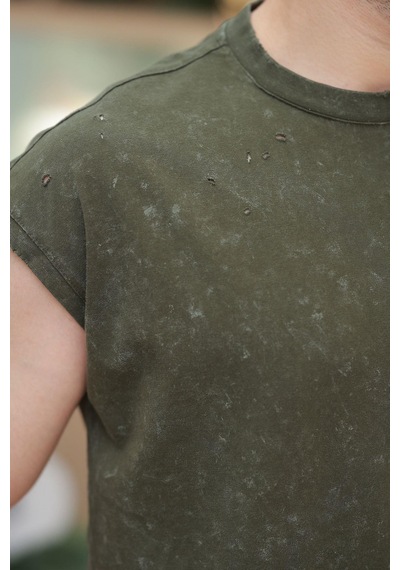 Madmext Haki Basic Erkek Yırtık Detaylı Şort T-shirt Takım E7319