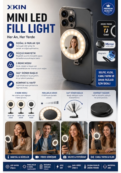 iPhone 11 Uyumlu Magsafe Mini Led Fill Light Telefon Selfie Işığı Siyah