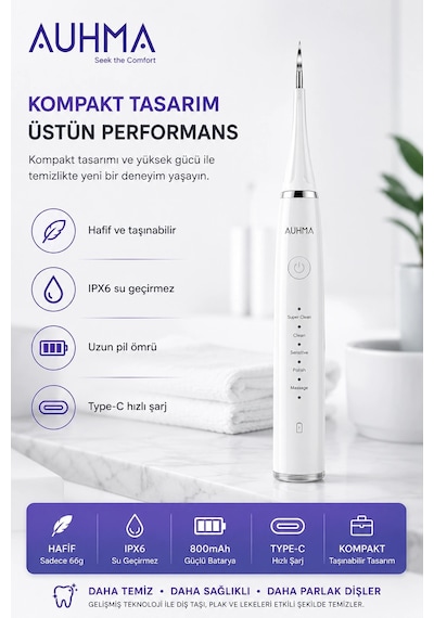 Ultrasonic Şarjlı Elektrikli Akıllı Diş Temizleme Cihazı Beyazlatıcı 5 Mod 3+1 Başlık, Ipx8 Su Geçi