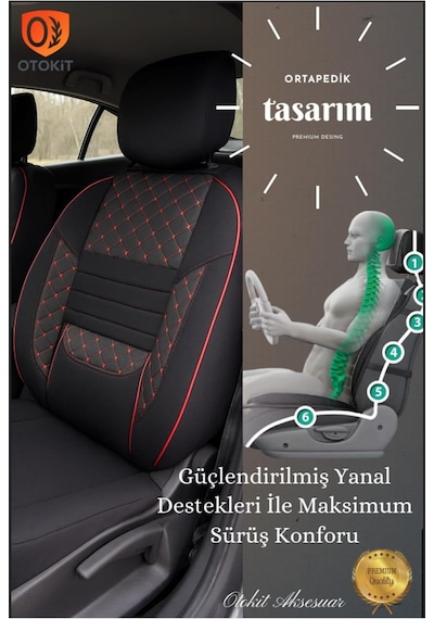 Tr Audi A3 Hb 2007 İle Uyumlu Koltuk Kılıfı Seti, Siyah-kırmızı, Deri Detaylı, Tam Set Genel