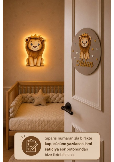 Ahşap İsme Özel Pilli Ledli Gece Lambası Ve Ahşap Kapı Süsü Seti Bebek Çocuk Odası Çok Renkli