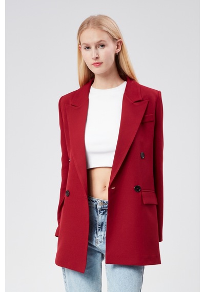 Bordo Regular Astarlı Kruvaze Kapama Dokuma Oversize Blazer Ceket 001