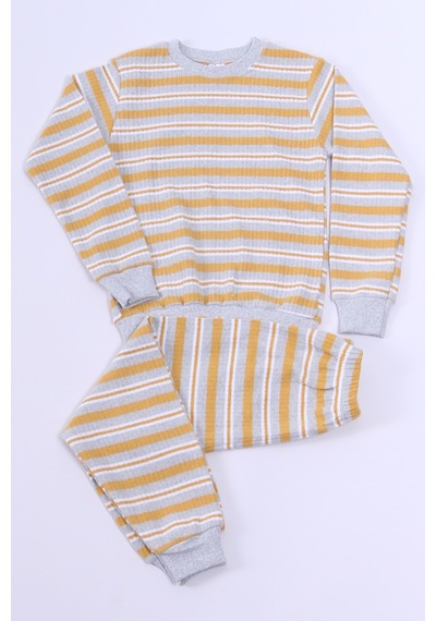 Hçm Erkek Çocuk Pijama Takımı Çizgili Ribanalı A35 Sarı