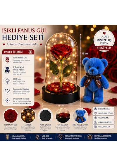 Led Işıklı Mika Fanus Solmayan Yapay Kırmızı Gül & 1 Mini Peluş Ayıcık Sevgiliye Romantik Hediye Set