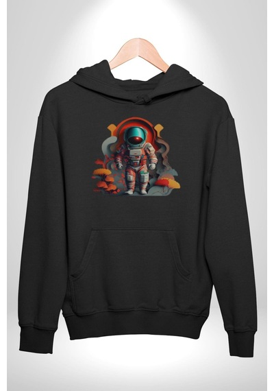 Astronot Yapay Zeka Yürüyüş Kadın Erkek Siyah Kapüşonlu Sweatshirt Hoodie Siyah