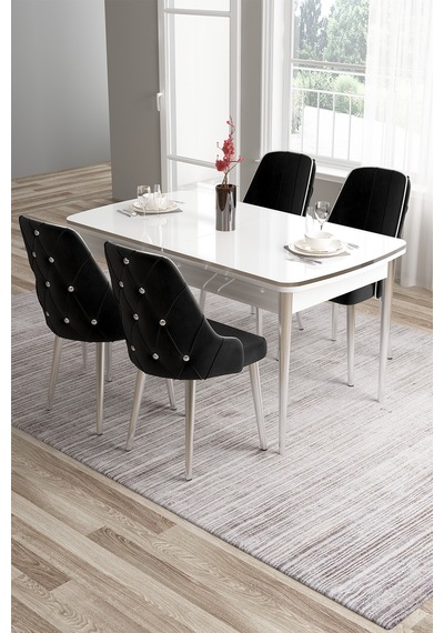 Canisa Tia Serisi 80x132 Açılabilir Mdf Krom Detay Beyaz Yemek Masası Ve 4 Siyah Sandalye Masa Beyaz Sandalye Siyah Canisa Tia Serisi 80x132 Açılabilir Mdf Krom Detay Beyaz Yemek Masası Ve 4 Siyah Sandalye Masa Beyaz Sandalye Siyah