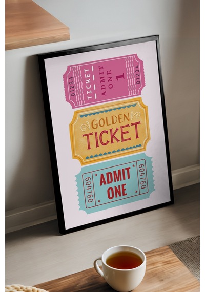 Golden Ticket Ahşap Çerçeveli Poster, Dekoratif Hediyelik Duvar Tablosu