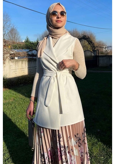 Rabia Şamlı Bej Çiçekli Plise Etek Normal
