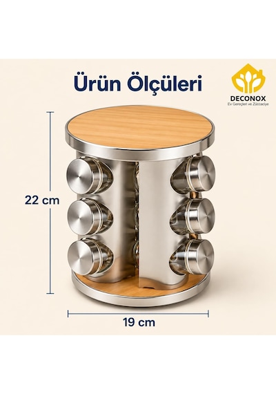 Metal Döner Standlı 12'li Cam Baharatlık Seti, Kapaklı Baharat Kavanozları, 22 Cm Yükseklik, 19 Cm Çap, Ahşap Renkli Diğer