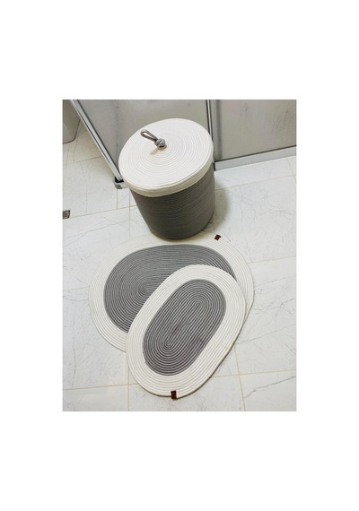 Jüt,hasır, 3 Lü Banyo Paspas Takımı, Bohem Tarzı Banyo Takımı,iskandinav Paspas/sepet Gri Krem Gri Krem