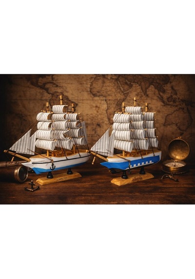 Dekoratif Premium Ahşap El Yapımı Yelkenli Gemi Maketi Ev Ofis Masa Üstü Biblo 24 X 24 Cm Mavi 529-c 24 Cm