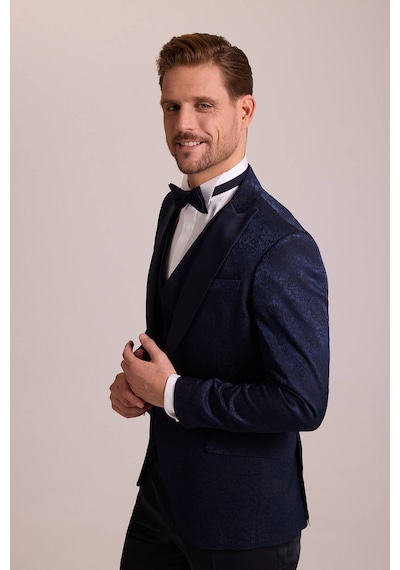 Ysf Erkek Lacivert Slim Fit Kırlangıç Yaka Desenli Damatlık