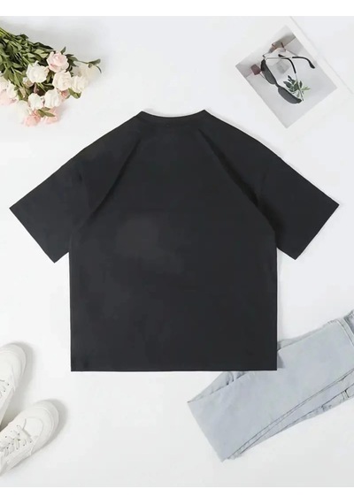 Wear Vexel Kadın T-shirt Ördek Baskılı Bisiklet Yakalı Kısa Kol Tişört - Siyah Siyah
