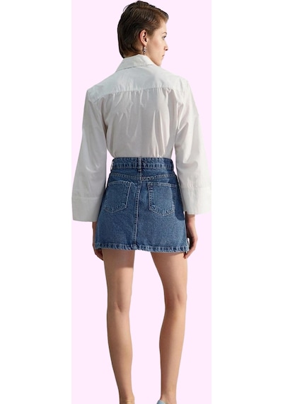 Ersefa Kadın Denim Yırtmaçlı Mini Etek Pamuk Günlük Casual Kombinler Haf Mavi