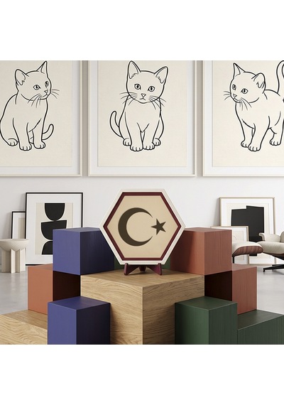 Modern Çizgilerle Ay Yıldız Dekoratif Obje, Ev Dekorasyonu İçin Sanatsal Parça 10x10 Cm, Pudra