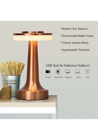 Retro Şarjlı Dekoratif Dokunmatik Metal Masa Lambası 3 Renk Mod Dim Edilebilir Bej