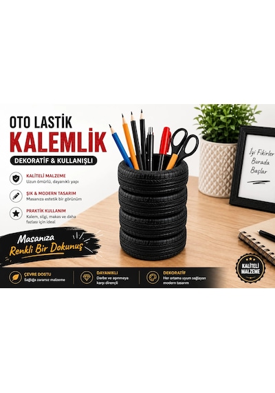 Oto Lastik Kalemlik , Üst Üste Oto Lastik Şeklinde Masa Üstü Kalemlik , Oto Lastiği Masaüstü Kalemli