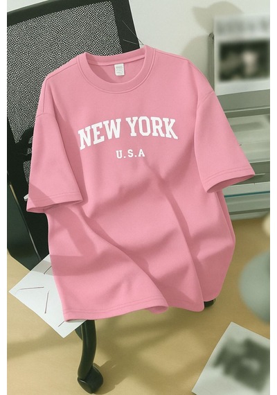 New York U.s.a. Baskılı Unisex Tişört Pembe