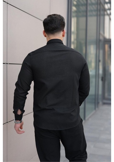 Baselco Premum Dik Yakalı Slim Fit Keten Görünümlü Gömlek Siyah