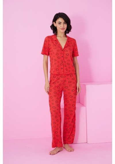 Siyah İnci Pointel Ajurlu/delikli Gömlek Yaka Örme Düğmeli Pijama Takım Kırmızı Siyah Kalp Siyah İnci Pointel Ajurlu/delikli Gömlek Yaka Örme Düğmeli Pijama Takım Kırmızı Siyah Kalp
