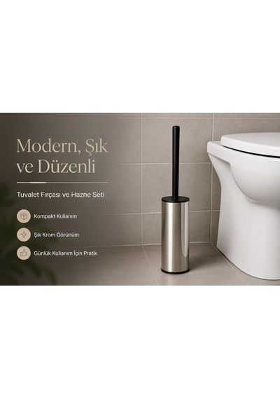 Alper Banyo Krom Klozet Fırçası, Paslanmaz Görünümlü Tuvalet Fırçası, Siyah Saplı Modern Wc Fırçalık, Bany Diğer