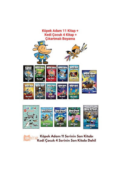 Köpek Adam İlk 11 Kitap + Kedi Çocuk 4 Kitap Set + Çıkartmalı Boyama