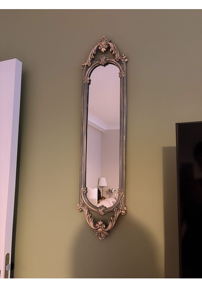 Uzun Oval Dekoratif Duvar Aynası Haki Yeşil & Eskitme Altın Varaklı 80x20 Cm Naturel
