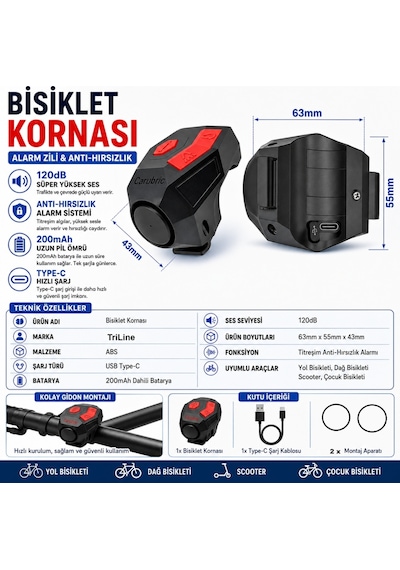Triline 120 Db Usb Şarjlı Bisiklet Kornası Alarm Zili Anti Hırsızlık Elektrikli Korna Scooter Siyah