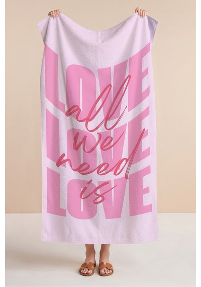 Love Yazılı Pembe Plaj Havlusu - Modern Tipografik Pastel Renk Hızlı Kuruyan Mikrofiber Havlu Sedef Lavanta