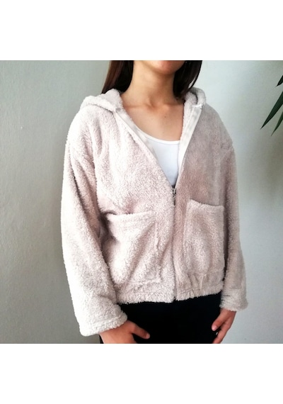 Yumuşacık Peluş Kapşonlu Fermuarlı Sweatshirt Hırka Taş Renk Çok Renkli