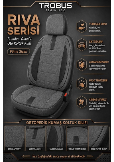 Citroen Berlingo 2004-2018 Uyumlu Riva Serisi 2+1 Ticari Füme Siyah Ortopedik Koltuk Kılıfı
